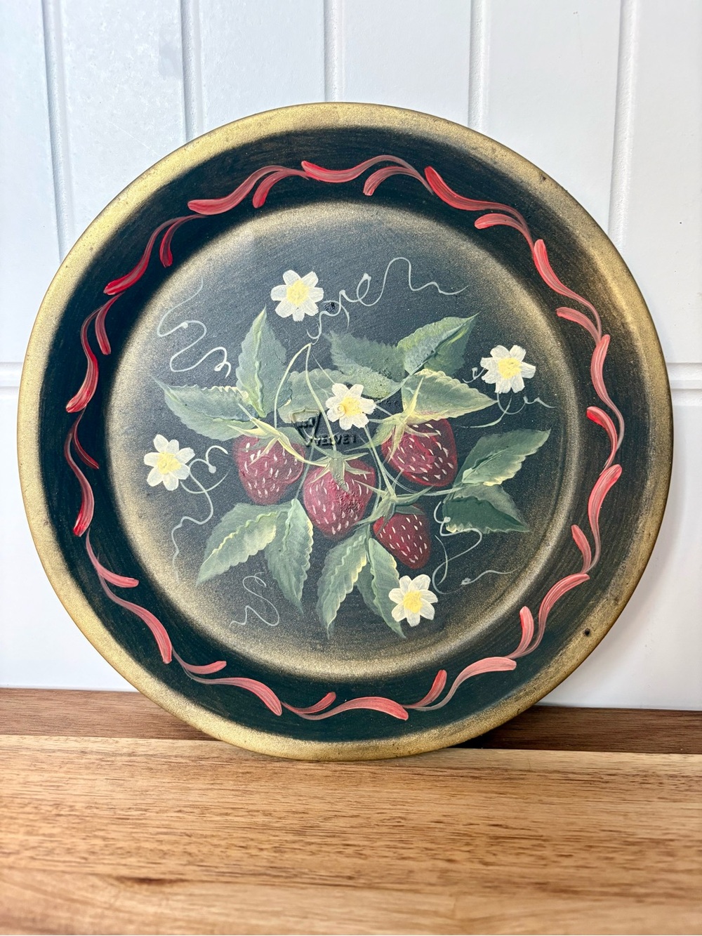 Hand-Painted Strawberry Decorative Plate - Black, Red, Green